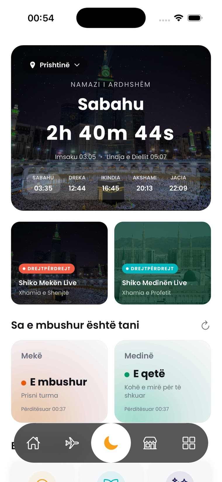 Kohët e namazit në aplikacionin ElZiyara